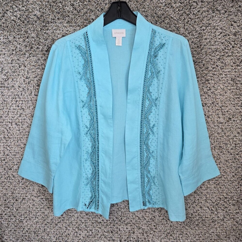Chicos Cardigan Womens 2 US Large Blue Linen Open Front Beaded Casual Ladies‎